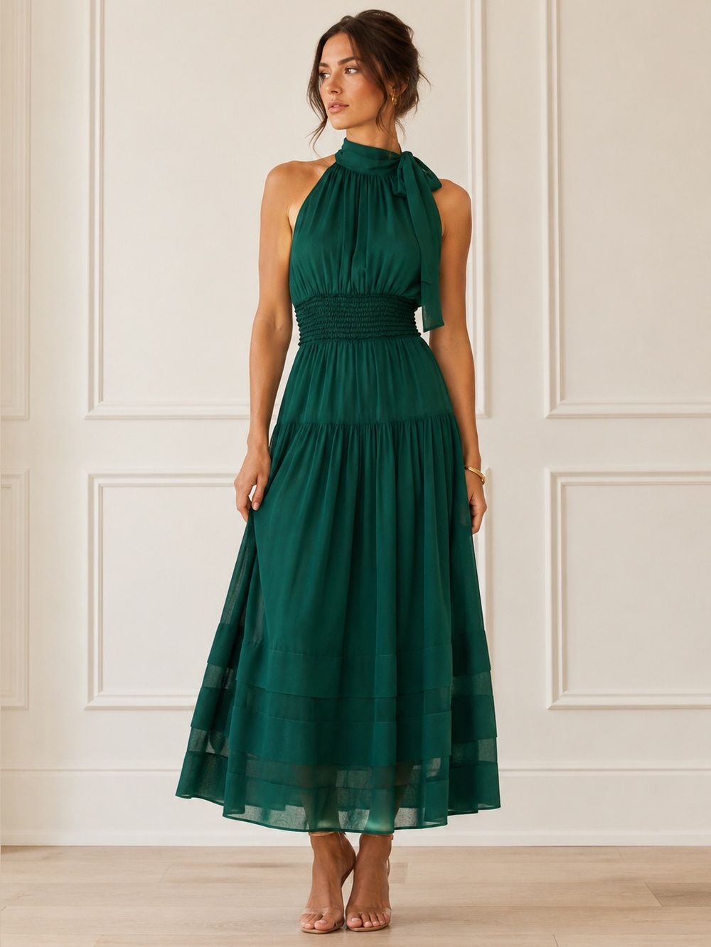 Ulla Johnson Maya Silk Chiffon Everglade Halter Midi Dress Smocked Waist | 4